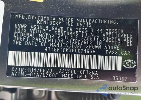 2015 Toyota Camry Se from USA, damaged, VIN 4T1BF1FKXFU071838